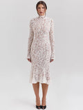 Lace Long Sleeve Sexy Midi Dress For Women Elegant White Half High Collar High Waist Bodycon Club Party Sexy Long Dress