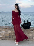 Sexy V-neck Ruched Evening Dress Women Red Retro Long Sleeve Sheer Mesh Fishtail Maxi Long One-piece Formal Party Gown