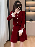 Y2K Sweet Corduroy Skirt Suit Fashion New Patchwork Flare Long Sleeves Top + Slim Waist A-Line Skirts Women's Two Pieces Set New