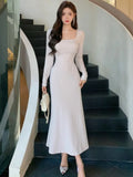 Autumn Korean Solid Knitted Dress for Women Elegant Square Collar Long Sleeves Slim Bodycon Vestidos Evening Party Prom Robe New