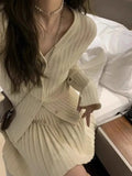 Y2K Elegant Mini Pleated Skirt Sets Autumn Women V-neck Long Sleeves Knitted Cardigan Two-piece Solid Korean Chic Suits