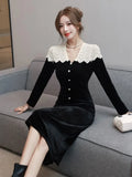 Elegant Patchwork Black Velvet Midi Dresses for Women Autumn Vintage Wedding Party Slim Long Sleeve One Piece Female Clothes New