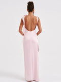 Elegant Satin Sleeveless High Split Bodycon Long Dress Women's Sexy Backless Ruffle Edge Slim Evening Dress Female Party