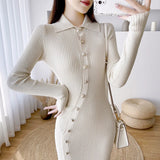 Korean Fashion Bodycon Knit Midi Dresses for Women New Autumn Elegant Sexy Slim Black Long Sleeve Sweater Female Clothing