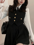 Japanese Preppy Style Three Piece Sets Women Black Vintage Vest + +White Casual Blouse +Mini Pleated Skirt Female Chic Clothes