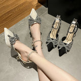 Shiny Crystal Bowtie Pumps Women Fashion Ankle Strap High Heels Party Shoes Woman Summer Pointed Toe Sandals Mujer