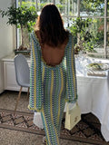 Fashion Backless Contrast Crochet Knitted Maxi Dress Women Slim Flare Long Sleeve Slash Neck Dresses Beach Vacation Robes