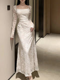 Sexy Women Elegant Bodycon Slim Lace Dress Vintage Casual Backless Evening Party Dresses Female Fashion Long Robe Clothes Autumn