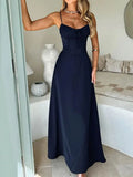 Elegant Strappy Backless Long Dress Women's Summer Fashion Round Neck Smocked Solid Color Slim Evening Dress Long Dress