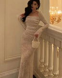 Vintage Elegant Bandage Mermaid Dress Spring Long Sleeve Lace Evening Party Prom Robe Women Casual Square Collar Vestidos Mujer