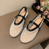 Nude Color Fishnet Ballet Flats Woman Chic Brand Design Hollow Out Lace Mary Jane Shoes Ladies Summer Breathable Mesh Zapatos