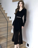 Elegant Black Velvet Mermaid Wedding Dress France V Neck Long Sleeve Slim Waist Party Prom Vestidos Autumn Winter Sexy Robe