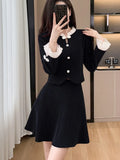 Y2K Sweet Corduroy Skirt Suit Fashion New Patchwork Flare Long Sleeves Top + Slim Waist A-Line Skirts Women's Two Pieces Set New