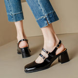 Plus Size 44 45 46 Black Silver Chunky High Heels Mary Jane Shoes Women Square Toe Double Buckle Pumps Slingback Ladies Sandals