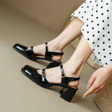 Patent Leather Mary Jane Sandals Women Block High Heels Double Buckle Shoes Woman Square Toe Big Size 44-46 Sandal Shoe