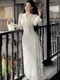 Elegant Flare Sleeve Long Dresses for Women New Autumn V-Neck Slim Wedding Runway Party Lace Vestidos Vintage Clothing Long Robe