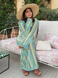 Fashion Backless Contrast Crochet Knitted Maxi Dress Women Slim Flare Long Sleeve Slash Neck Dresses Beach Vacation Robes