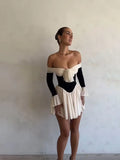 Elegant Off Shoulder Patchwork Women Mini Dress Fashion Flare Long Sleeve Pleated Bodycon Dress Lady Lace Up Party A-line Dress