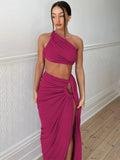 Hollow Out Sexy Two Piece Set Women One Shoulder Crop Top And Maxi Skirt Matching Sets Femme Bodycon Skirt Sets