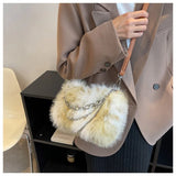 Vintage Y2K Handbag Women Autumn New Hot Girls Chain Plush Soft Shoulder Bag Ladies Harajuku Grey Underarm Bag Aesthetic