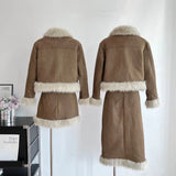 Korean Fashion Faux Fur 2 Piece Skirt Set Women Winter Elegant Chic Jacket Coats Skirts Sweet Casual Female Clothing Suits