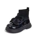 Children's Boots Fashion PU Solid Black Bow Girls Uniform Spring and Autumn New Kids Fashion Flying Knit School Socks Shoes