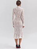 Lace Long Sleeve Sexy Midi Dress For Women Elegant White Half High Collar High Waist Bodycon Club Party Sexy Long Dress