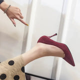 New Women Low Heel Pointed Toe Pumps Velvet Slip-on Cozy Ladies Heeled Shoe Stiletto 5cm Wine Red Summer High Heels Shoes