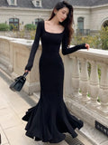 Autumn Sexy Black Mermaid Party Dress for Women Square Collar Long Sleeve Slim Bodycon Vestidos Elegant Streetwear Long Robe