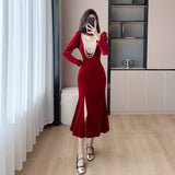 Autumn Elegant Black Velvet Dresses for Women Long Sleeve Stand Collar Mermaid Evening Party Dress Prom Robe Vestidos Mujer New