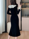 Women's Velvet Midi Dress Autumn Patchwork Long Sleeve High Waist Mermaid French Vintage Evening Party Prom Robe Vestidos New