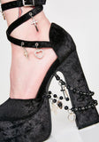 Black Velvet Cross heart Chains Decor Chunky Heel Sandals Peep Toe Platform Black Pearl Women Shoe Cross Strap Buckle Sandalias