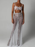 See Through Lace Two Piece Skirt Sets Women Crop Top And Maxi Skirt Sets Elegant Party Beach Sexy Two Piece Set