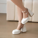 Summer Platform Princess Sandals String Bead Sweet Square Toe High Heels Lolita Fashion Wedding Girls Shoes Pink White