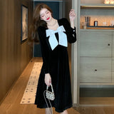 Vintage Velvet Black Midi Dresses for Women Autumn New Elegant Fashion Prom Party Evening Bow Long Sleeves Female Clothing