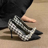 New Women High Heels Dress Houndstooth Pumps Black Toe Costume Tweed Boat Pearls Designer Dress Work Shoes