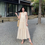 Elegant Chic Striped Chiffon Midi Dresses for Women Summer Beach Sleeveless Openwork Patchwork Bow Loose Casual Female Clothing