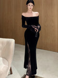 Women's Sexy Black Velvet Dress Elegant Chic Off Shoulder Lace Split Evening Party Dresses Autumn Female Bodycon Vestidos Mujer