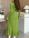 Solid Knitted Dresses for Women Autumn Single Breasted Chic Flared Sleeve Ruffles Hem Casual Female Office Elegant Robes