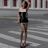 Sexy Cross Bandage Patchwork Mini Dress Y2K Streetwear Spaghetti Straps Low-cut Dresses Summer Casual Party Vestidos