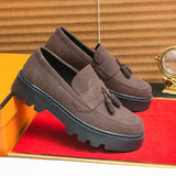 Suede Leather Mens Driving Footwear Slip on Man Formal Shoes Brown Thick Soled Business Shoes Driving Tassels Loafers Moccasins