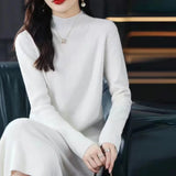 Korean Casual Long Sleeve Knitted Midi Dresses for Women Autumn Winter Elegant Half High Collar Sweaters Female Clothing