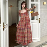 Vintage Plaid Dresses Women Ruffles Sweet French Style Bandage Loose Casual Girlish Summer New Ins Aesthetic Temperament Ulzzang