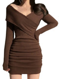 Vintage Sexy V-Neck Knitted Mini Dress Women's Long Sleeve One Piece Slim Club Evening Party Prom Chic Vestido Mujer