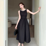 Elegant Black Midi Dress for Women Summer New Fashion Sleeveless A-line Pleated Solid Office Casual Korean Female Clothing