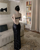 Summer Sexy Backless Black Long Dresses for Women New Elegant Hollow Out Bodycon Evening Party Prom Sequin Female Clothing Robe