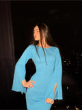 Fashion Blue Patchwork Women Knitted Maxi Dress Elegant O-neck Split Long Sleeve Slim Dresses Lady Solid Party Club Robe