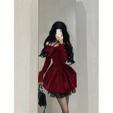 Vintage Bow Mini Dress Women Y2K Sexy Slash Neck Red Velvet Dresses Winter Kawaii Christmas Party Bodycon A Line Vestidos