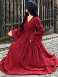 Autumn Elegant Red Hollow Out Evening Dresses for Women V-Neck Lace-up Long Sleeve A-Line Vestidos Vintage Party Dress Long Robe