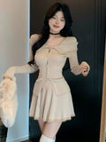 Y2K Sweet Knitted Skirts Suit Turn-down Collar Single Breasted Cardigan Top + Pleat A-Line Mini Skirt Womens Two Pieces Set New